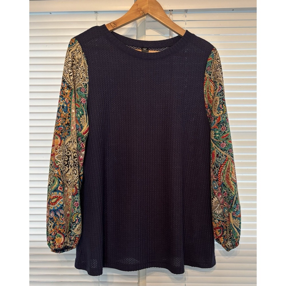 Lishly Curve Paisley Balloon Sleeve Waffle Knit Top Size OX Navy Blue Boho